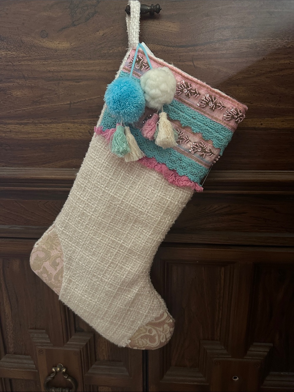 Boho Beaded Christmas Stocking Pink Turquoise Pom Pom Tassel Brocade 16"